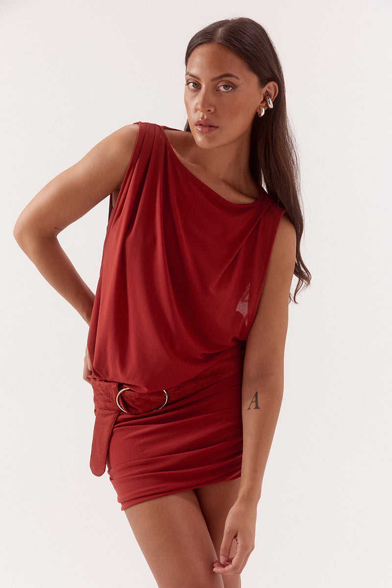 Women's stretch mesh sleeveless mini dress with sheer tank bodice, gathered skirt, boat neckline, built-in bralette and suede belt.