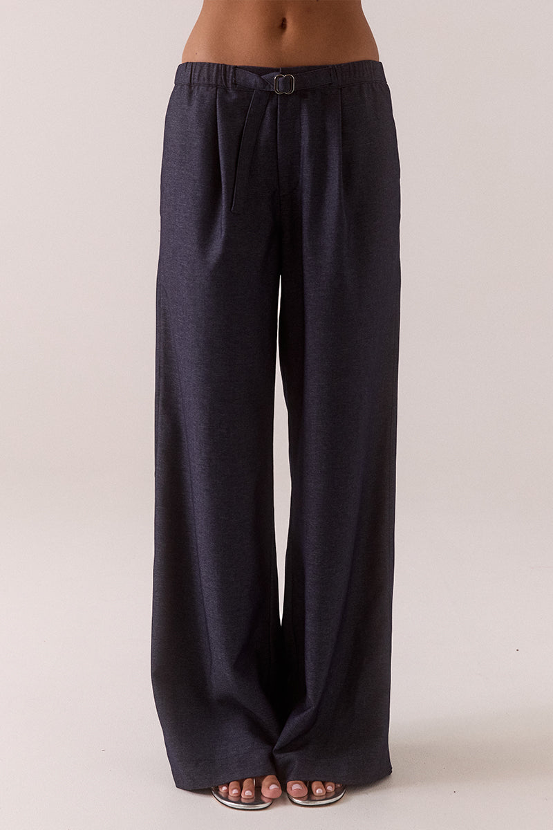 Mid-rise tailored pants with soft straight leg and front tuck detailing