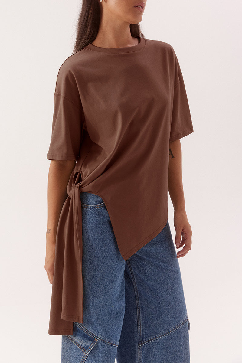 Women’s oversized cotton tee with dropped shoulders, crew neck, and side tie detail in stretch cotton fabric