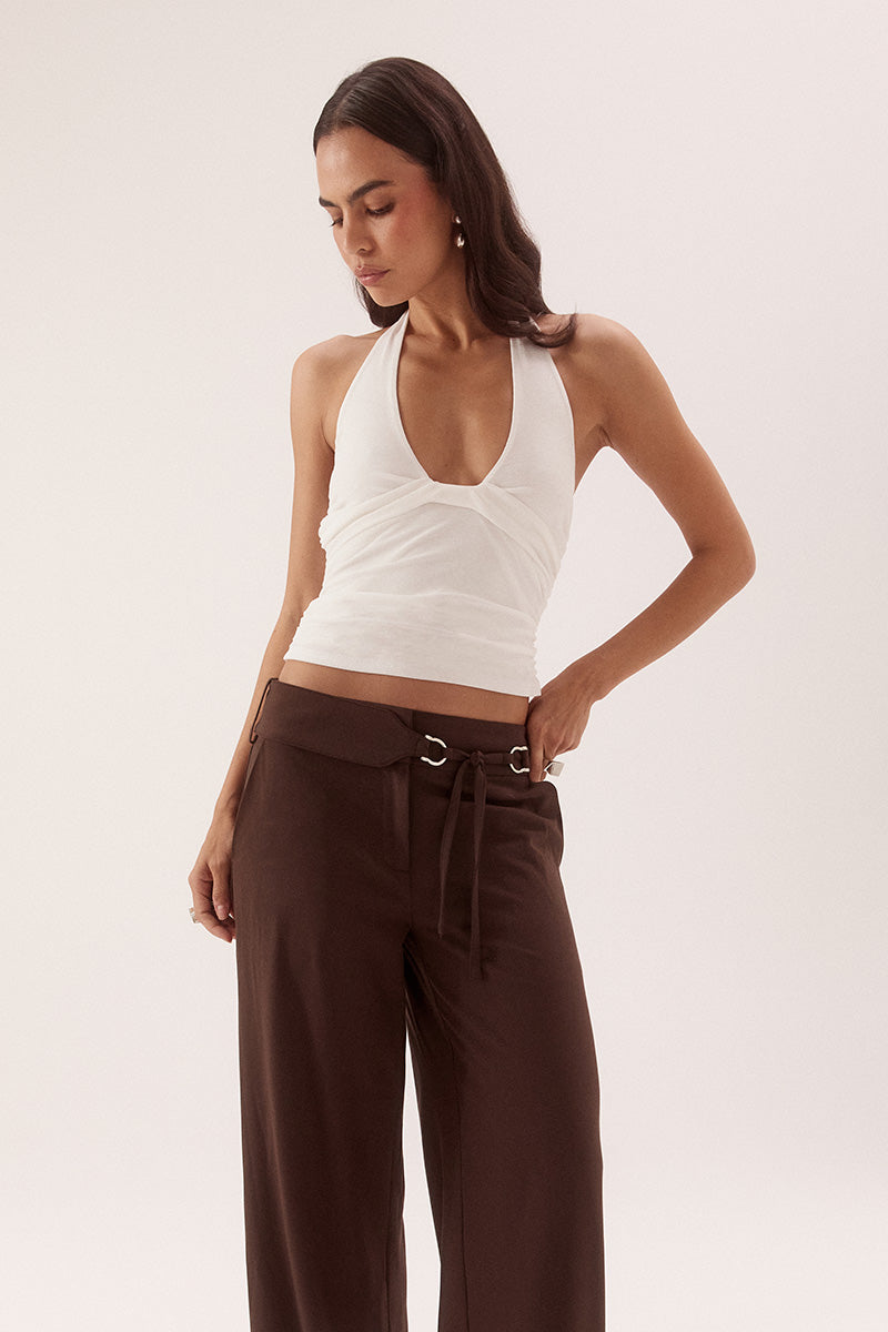 Halter neck top in textured rib mesh with scoop neckline and tucked front detail
