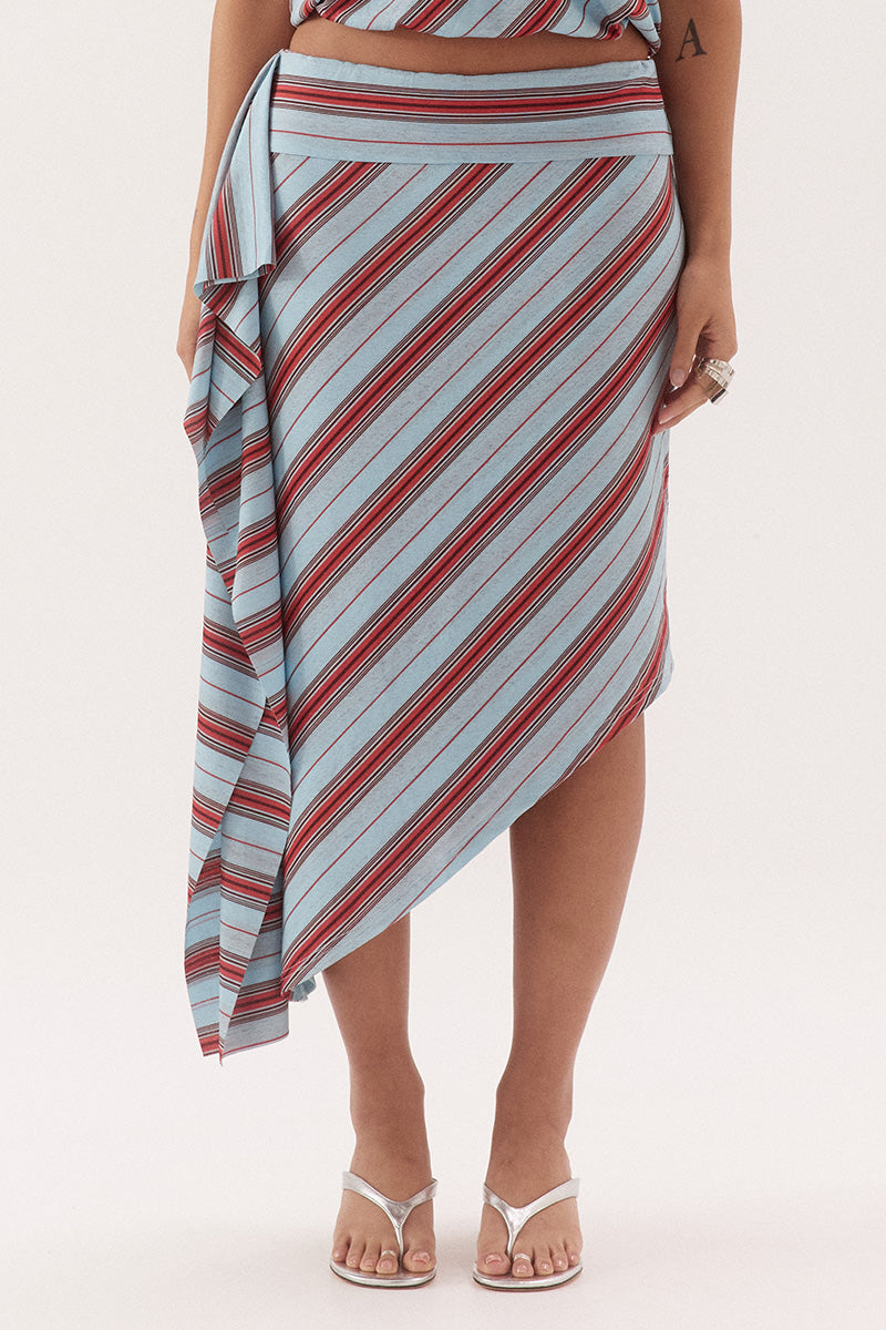 Mid-rise midi skirt in textured stretch mesh with asymmetric hem and side drape panel