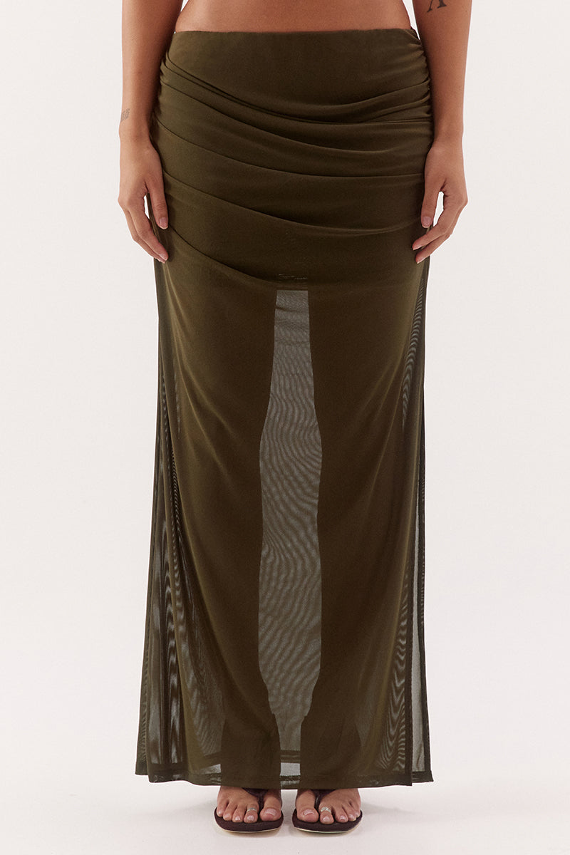 Women's stretch mesh maxi skirt with asymmetric draped overlay, elasticated waist, gathered hip detail, mini lining and side split.