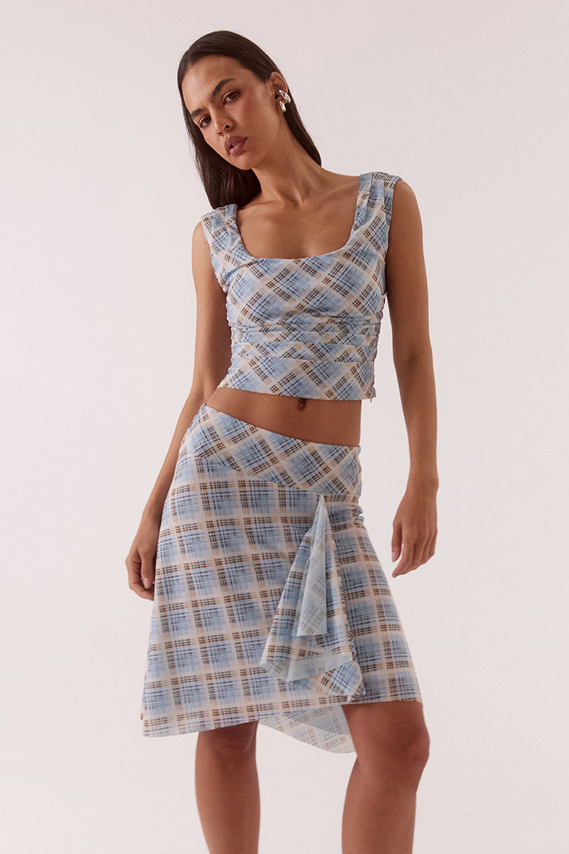 Women’s mid-rise midi skirt in exclusive printed stretch mesh with asymmetric hem, off-centre waterfall panel, elasticated waist, and fully lined pull-on fit