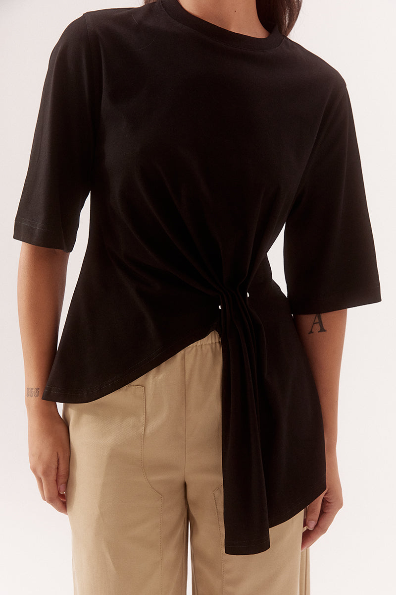 Relaxed fit T-shirt mini dress in cotton with cinched waist and asymmetric pleated hem