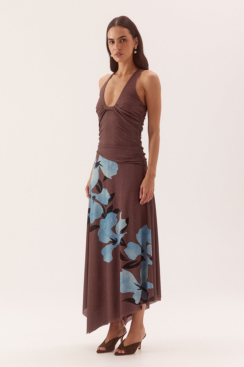 Dropped waist maxi dress in stretch textured mesh with asymmetric hem and scoop neckline