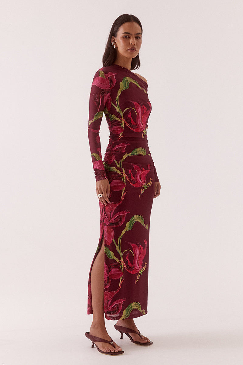 Women’s off-shoulder stretch mesh maxi dress with asymmetric high neck, long sleeves, gathered waist and side split in exclusive print