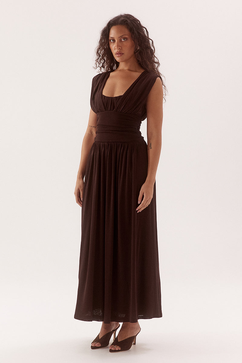 Empire line cami midi dress in stretch textured mesh with sweetheart neckline and gathered skirt