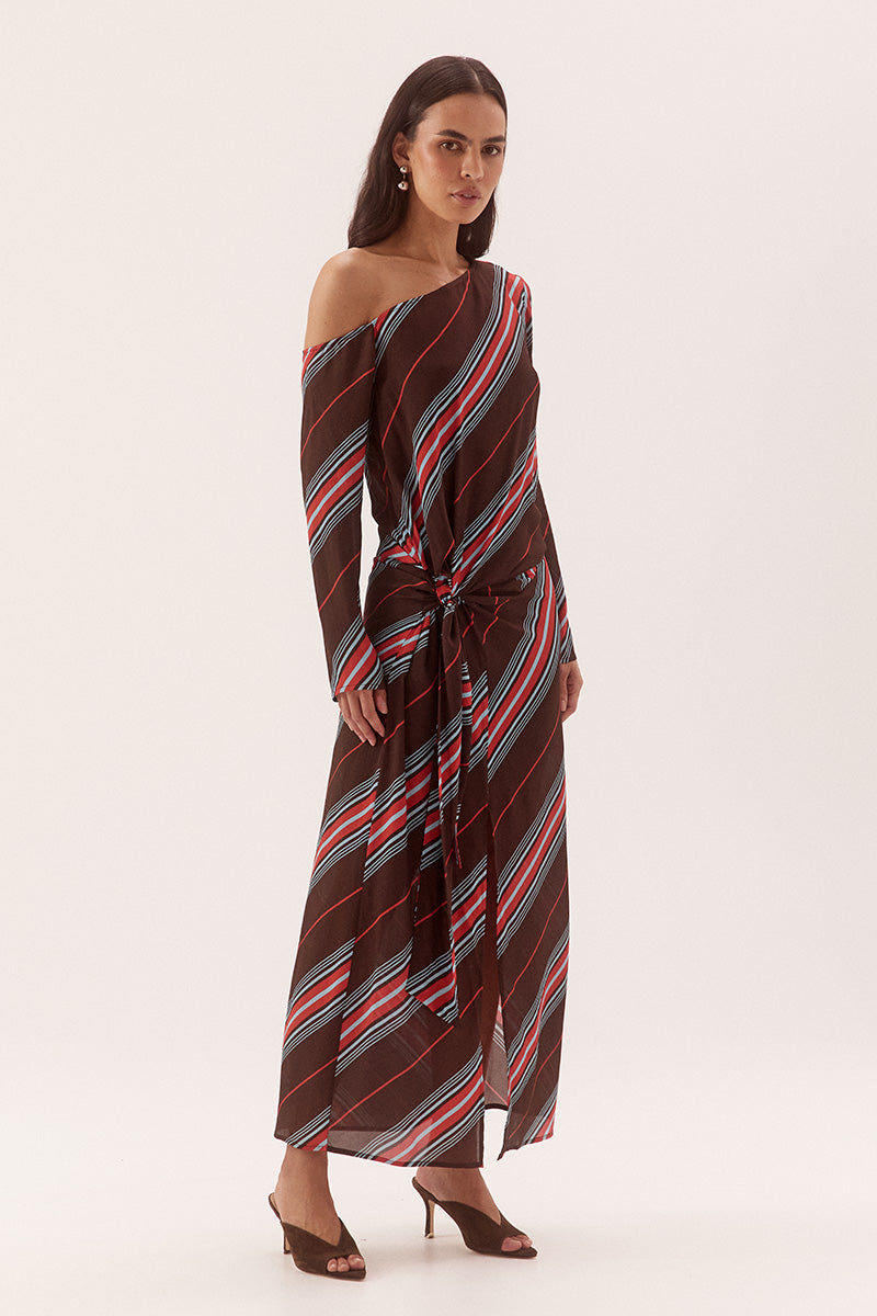 Off-shoulder maxi dress in woven viscose with exclusive in-house print, long sleeves and drop waist tie