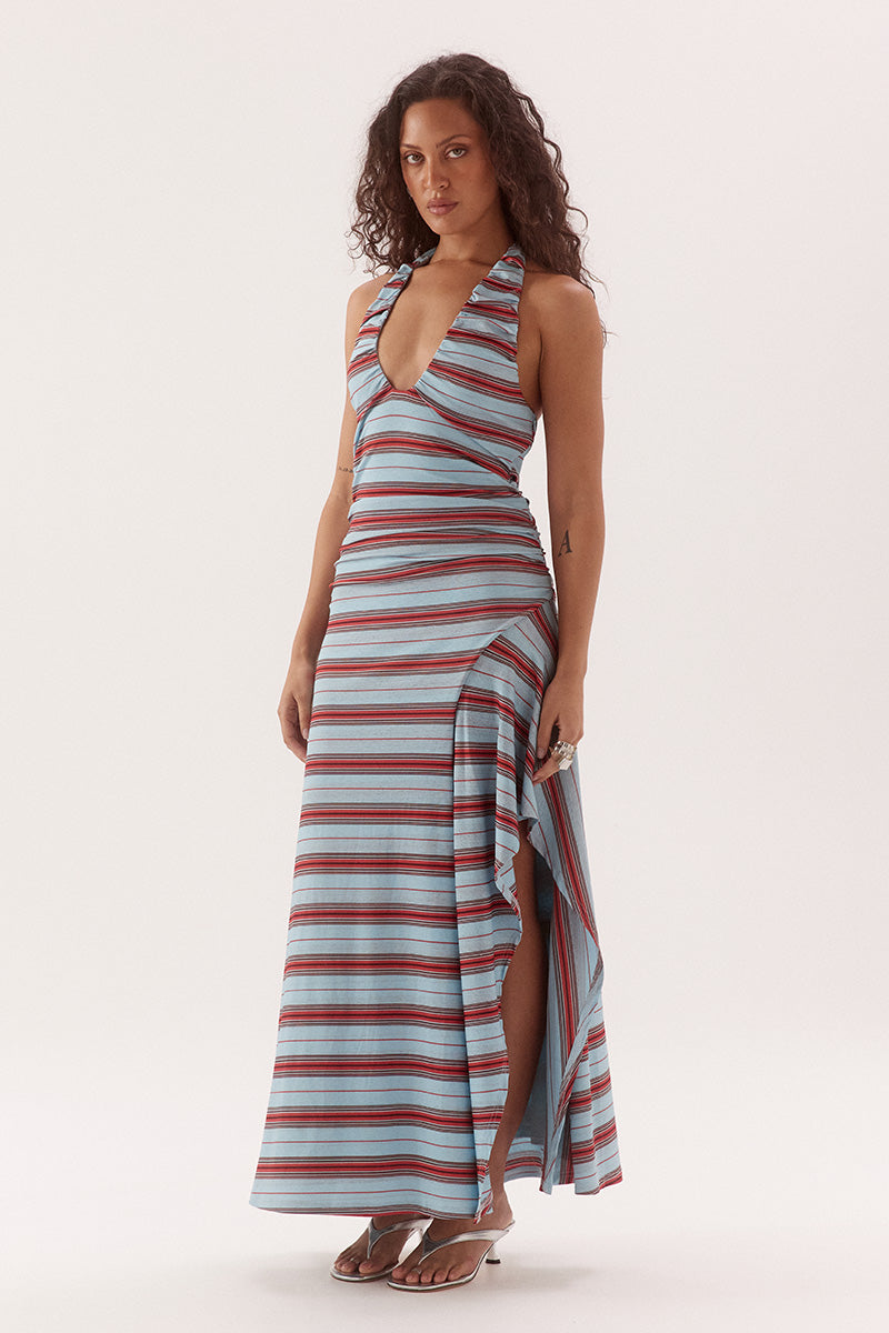 Halter neck midi dress in textured stretch mesh with gathered scoop neckline and side godet split
