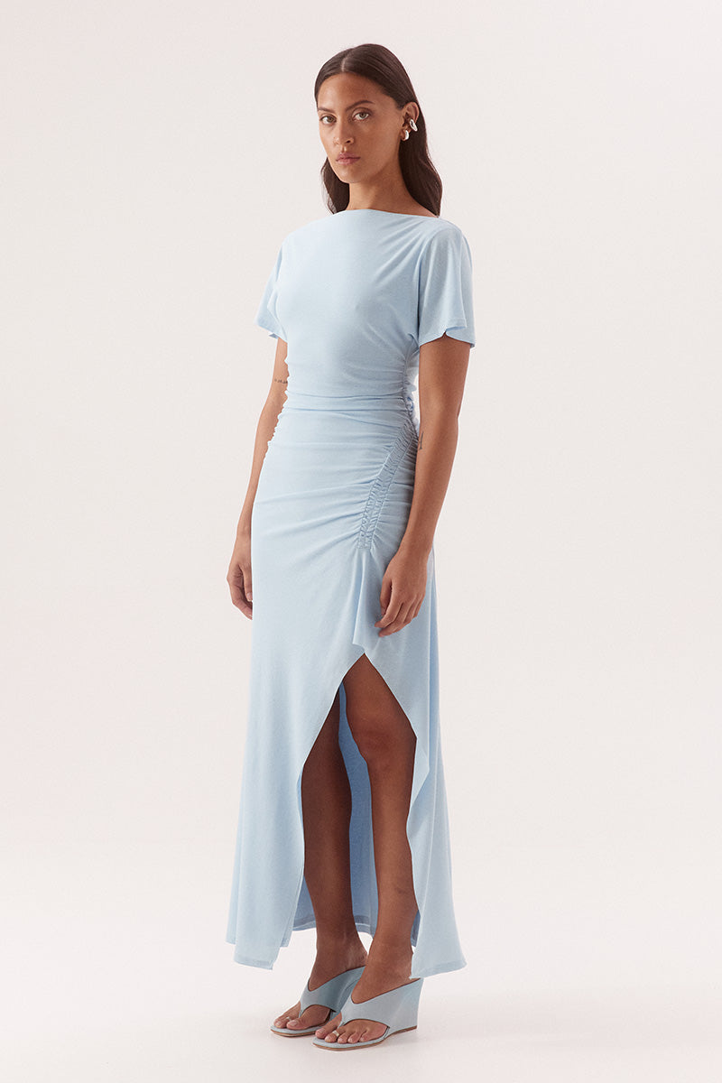 Women's textured stretch mesh fitted midi dress with off-shoulder option, short sleeves, gathered waist, boat neckline and front split.