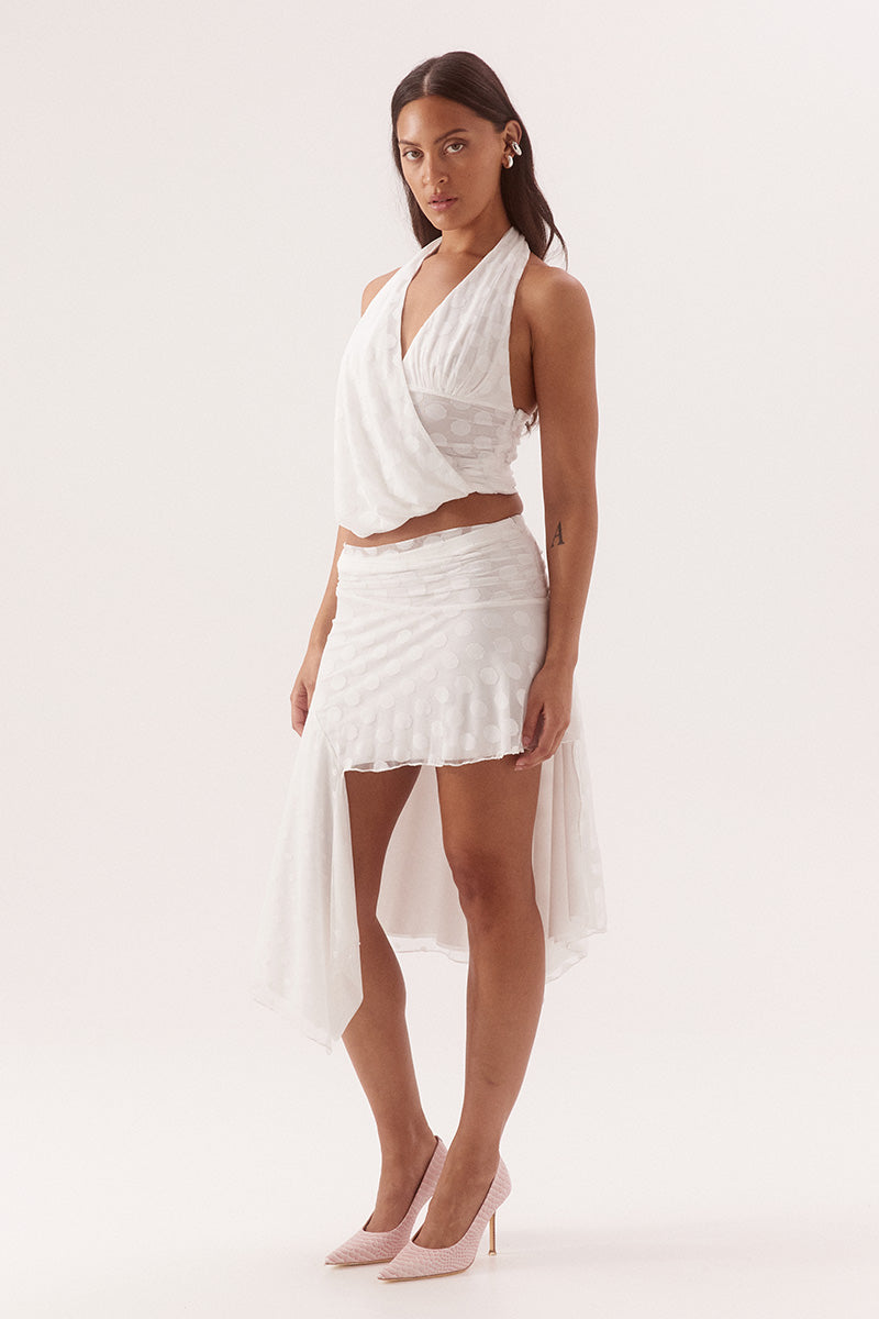 Halter neck empire line top in dot stretch mesh with draped side overlay