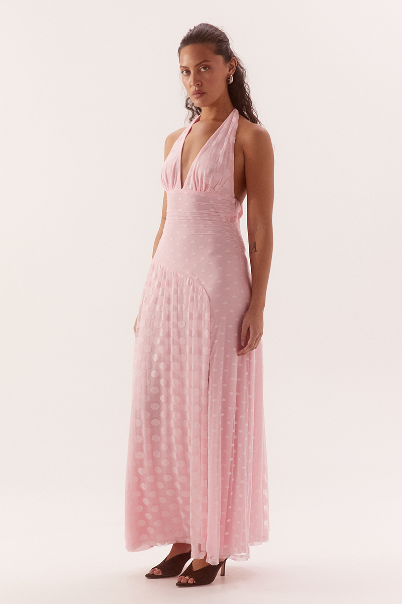Two-layer mini dress in dot mesh with wide boat neck and side godet drape