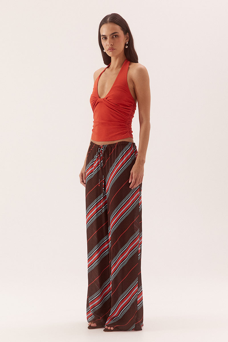 Halter neck top in textured rib mesh with scoop neckline and tucked front detail