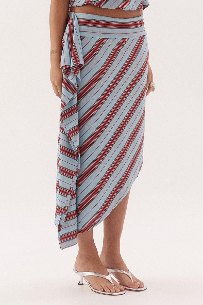 Mid-rise midi skirt in textured stretch mesh with asymmetric hem and side drape panel