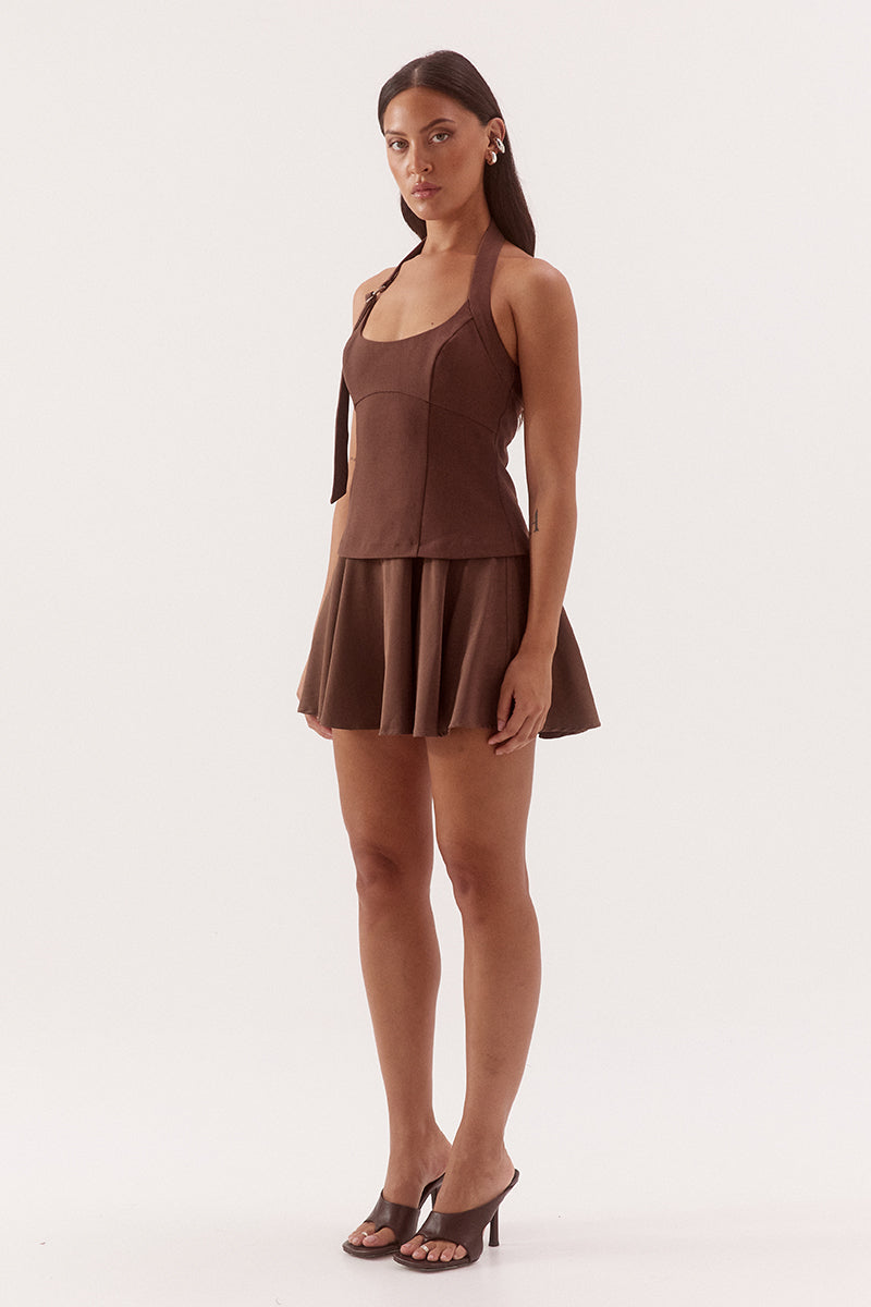 Black halter neck mini dress with adjustable strap, silver D ring detail, shaped bodice and soft gathered Lyocell skirt