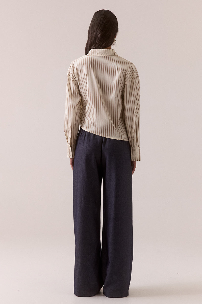 Cotton-blend striped wrap shirt with dropped shoulder and adjustable wide cuffs
