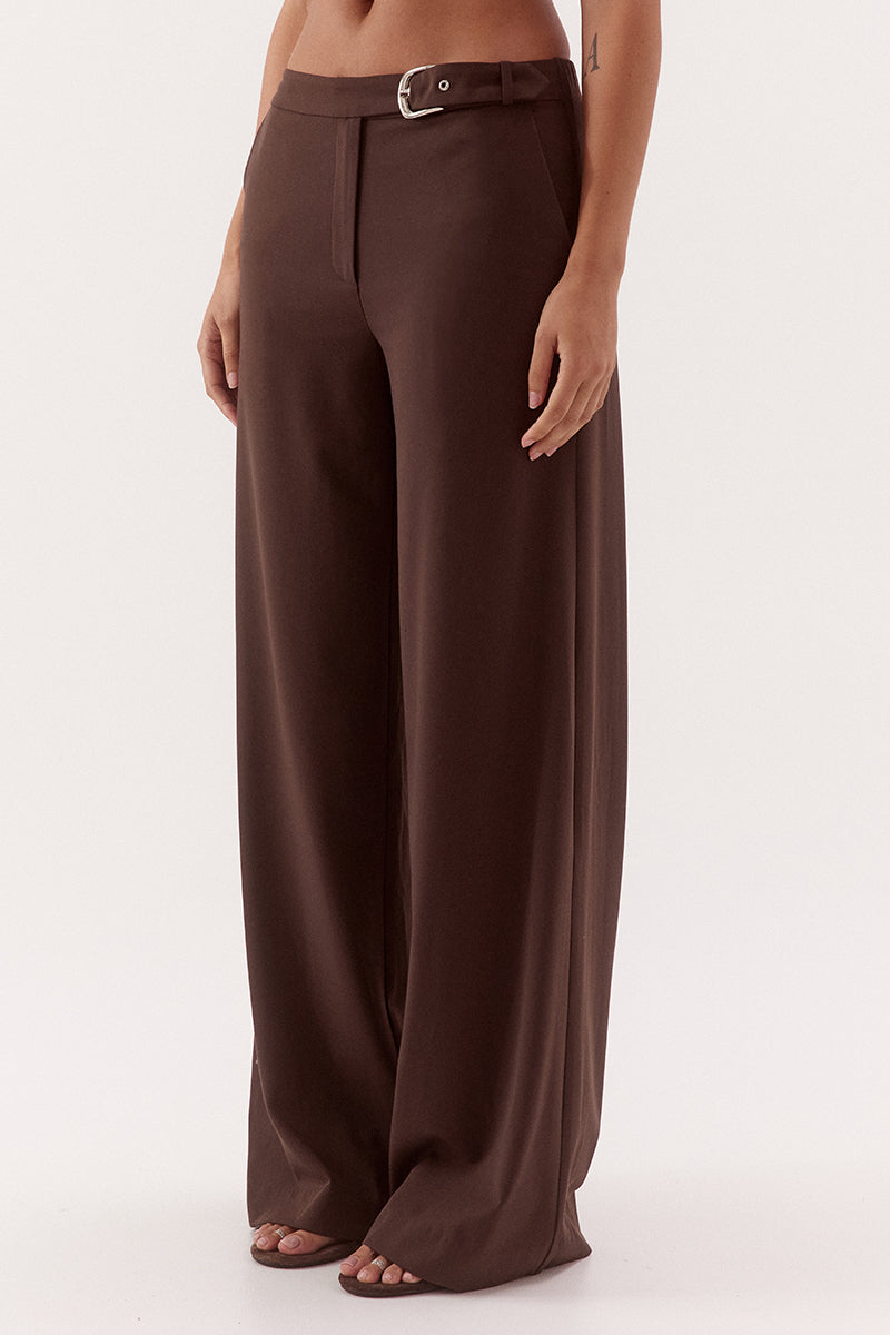 Women's mid-rise straight leg pants in a bamboo blend fabric with a relaxed fit, buckle waist detail, elasticated back waist, and functional pockets.