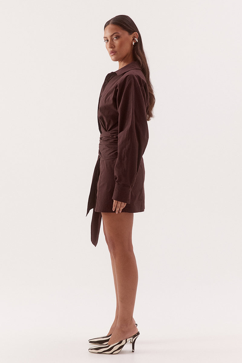 Women's cotton blend mini shirt dress with barrel sleeves, a cinched waist, concealed button front, shaping seams, and a removable fabric belt.