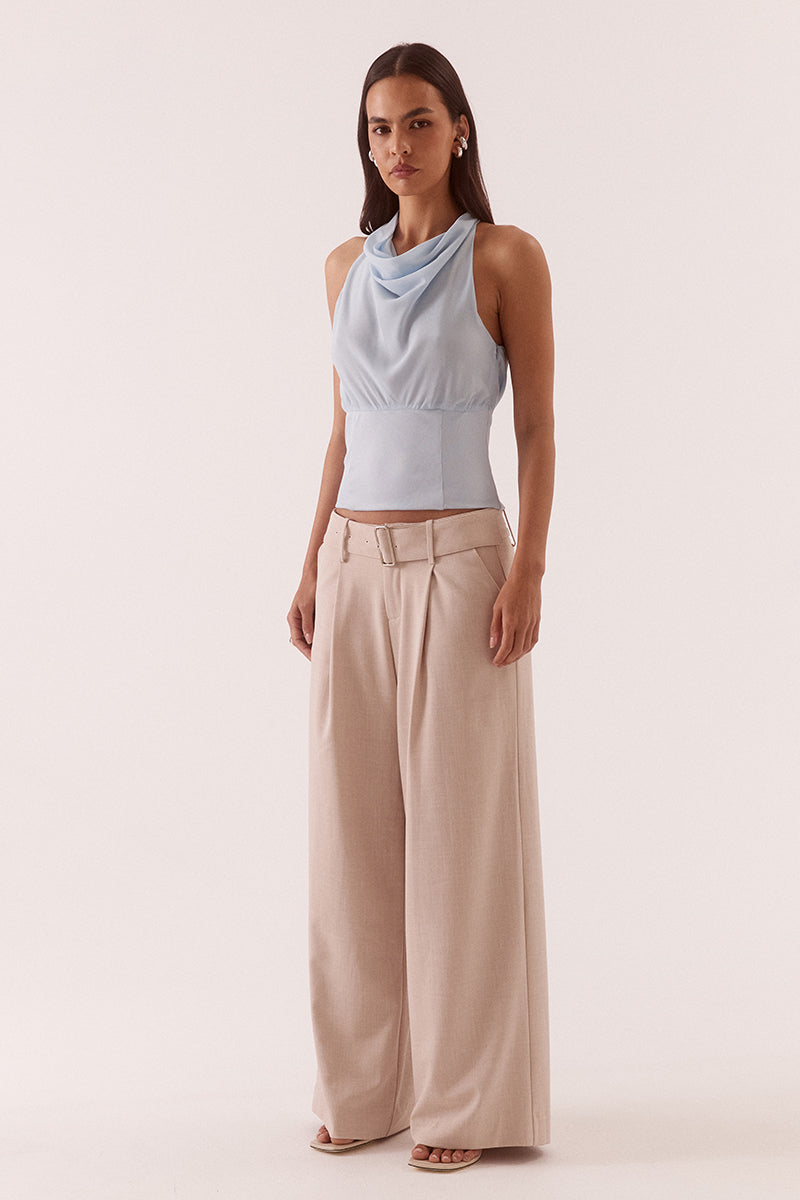 Women’s high cowl neck top with chiffon upper, textured stretch waistband, soft gathers at bust, back keyhole detail, and side zip closure.