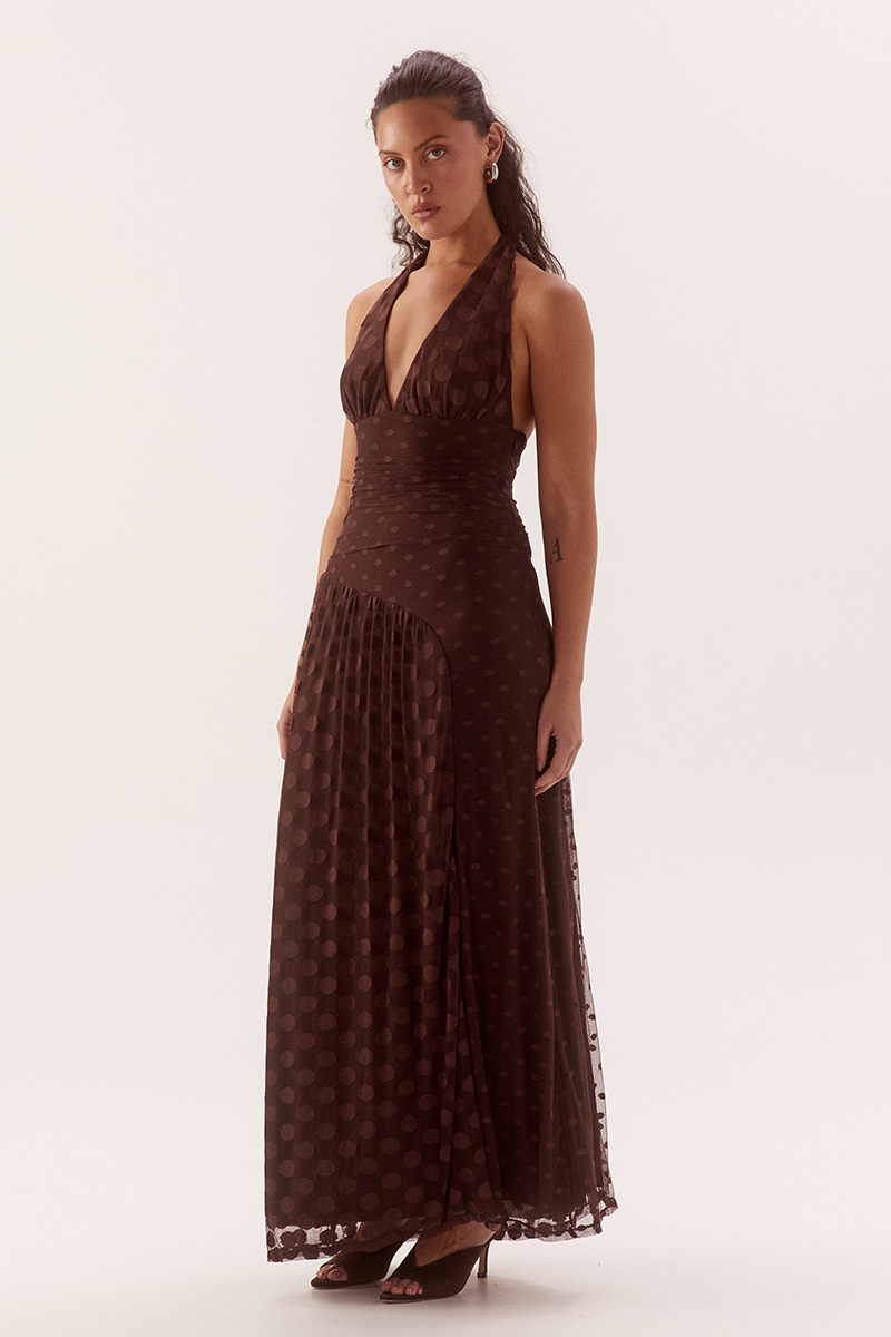 Halter neck empire line midi dress in dot mesh with contrast godet drape panel