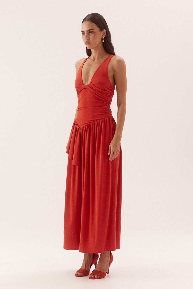 Dropped waist maxi dress in textured rib mesh with scoop neckline and one-sided frill overlay