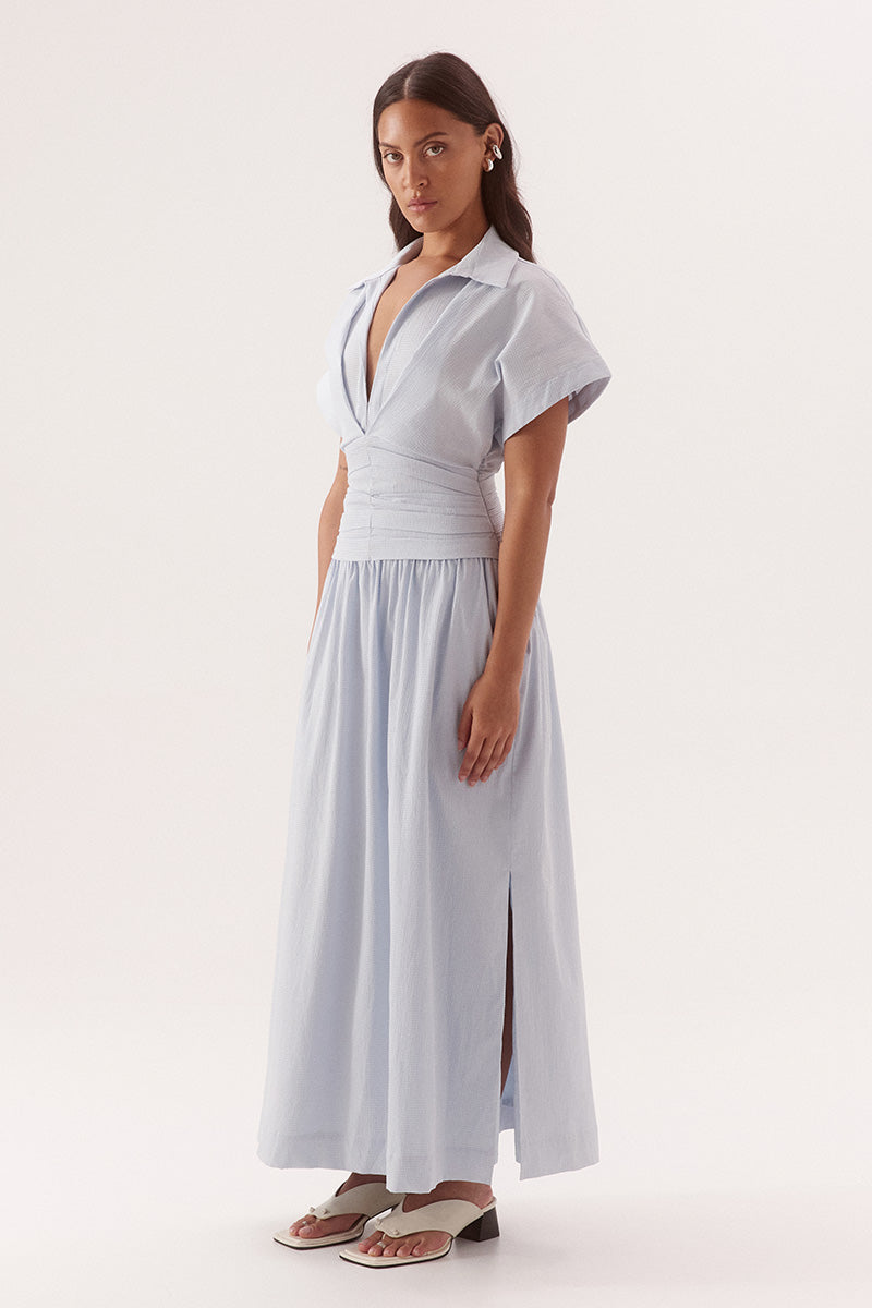 Pleated midi dress in stretch cotton with two piece collar and side leg splits