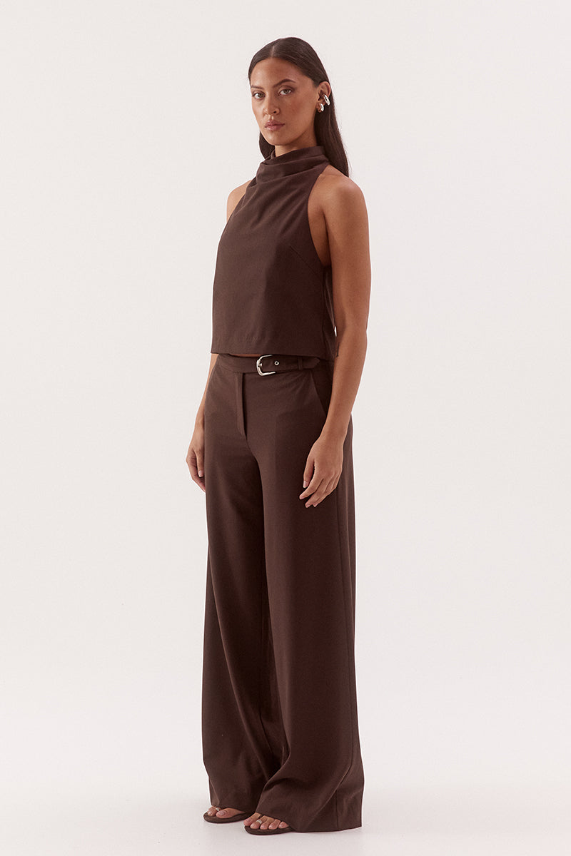 Women's bamboo blend sleeveless top with a soft cowl neckline, side neck pleats, racer back design, and relaxed fit silhouette.
