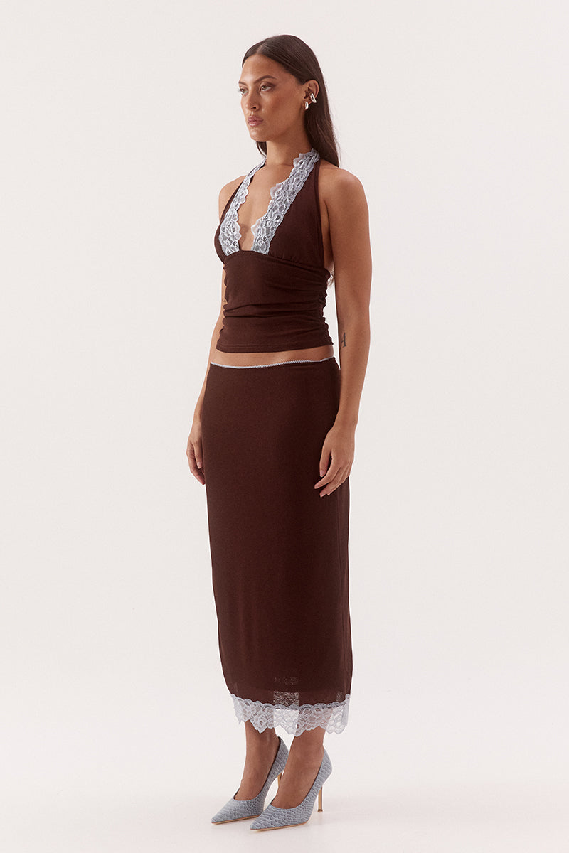 Halter neck empire line top in textured stretch mesh with lace trim neckline