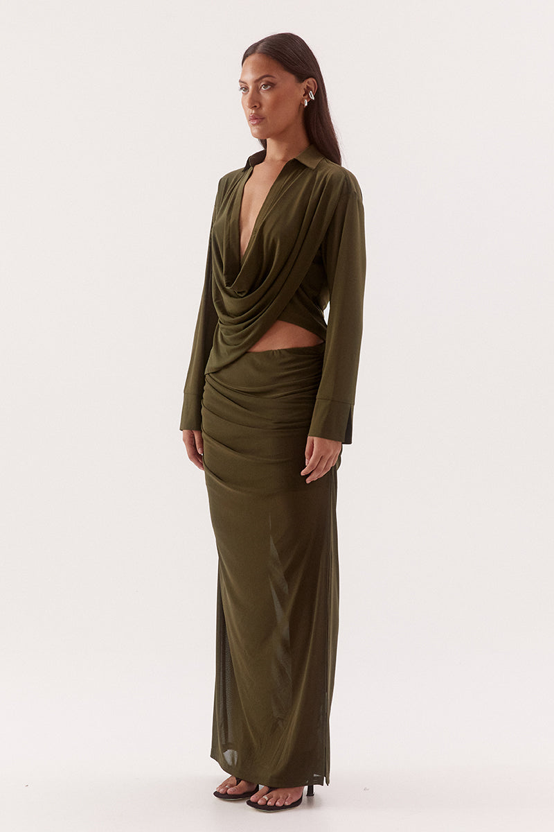 Women's stretch mesh drape front shirt with cowl wrap neckline, dropped shoulders, two-piece collar and wide split cuffs.
