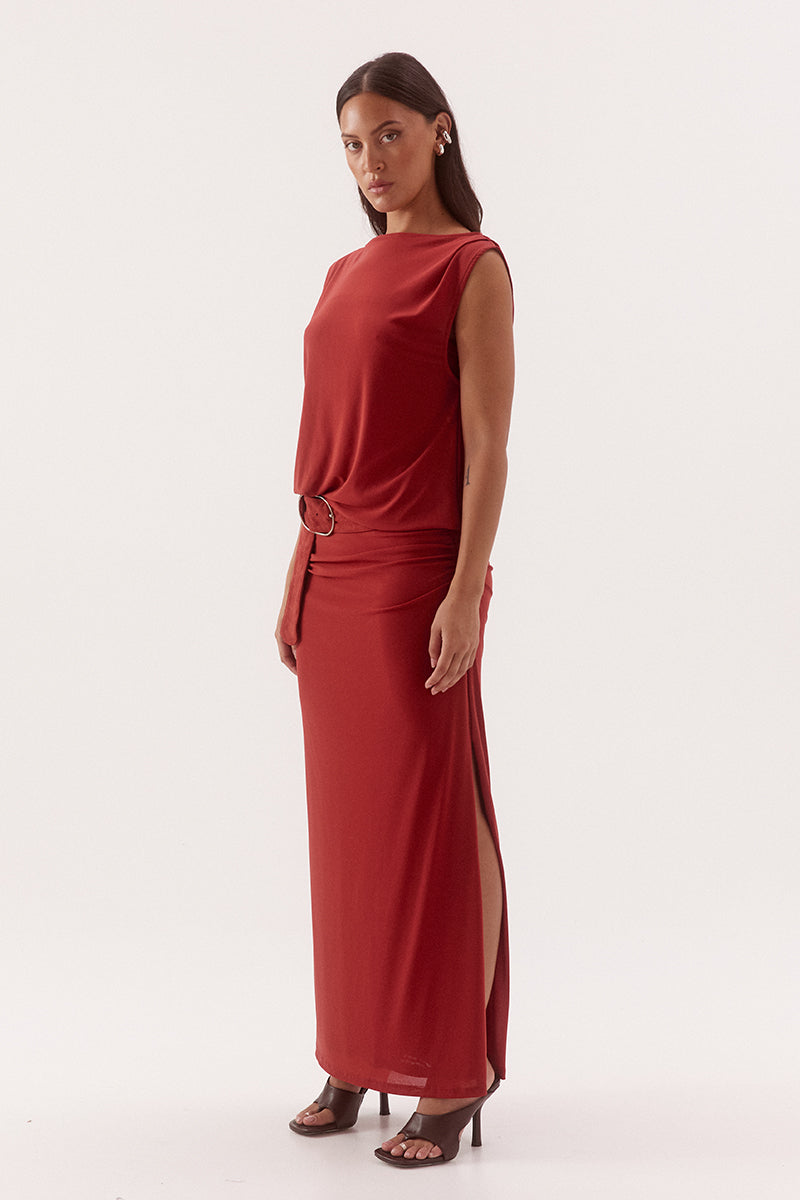 Women's stretch mesh sleeveless midi dress with sheer tank bodice, multiway neckline, gathered column skirt, built-in bralette and suede belt.