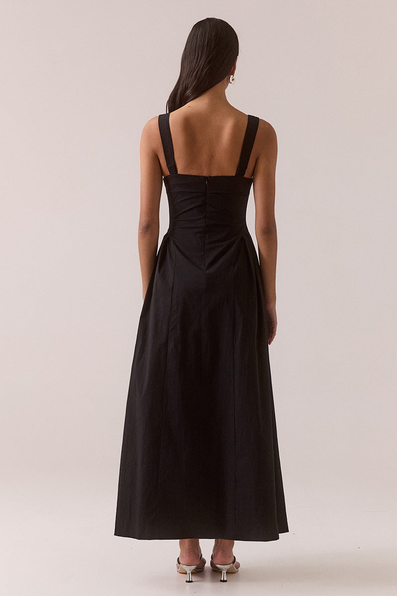Women’s fit and flare midi dress in stretchy cotton blend with balconette neckline, layered tuck details, curved skirt panels, adjustable wide straps, and hidden side pockets.