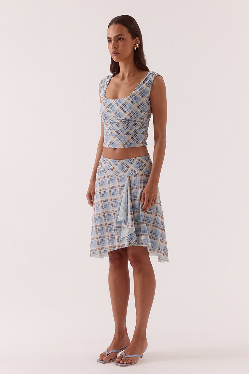 Women’s mid-rise midi skirt in exclusive printed stretch mesh with asymmetric hem, off-centre waterfall panel, elasticated waist, and fully lined pull-on fit