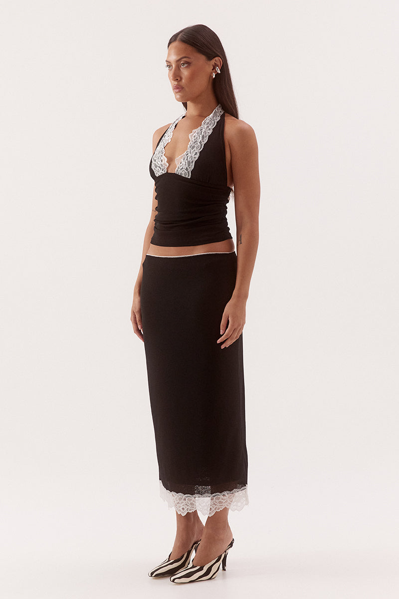 Halter neck empire line top in textured stretch mesh with lace trim neckline