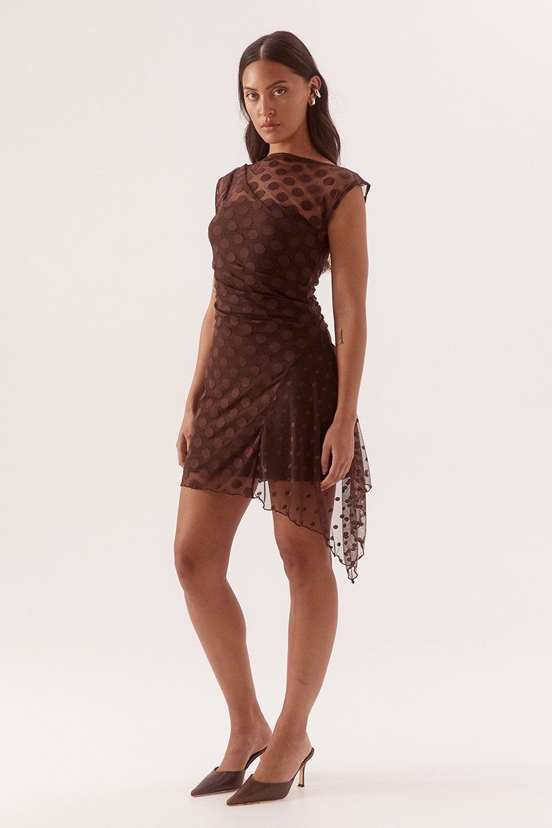 Two-layer mini dress in dot mesh with wide boat neck and side godet drape
