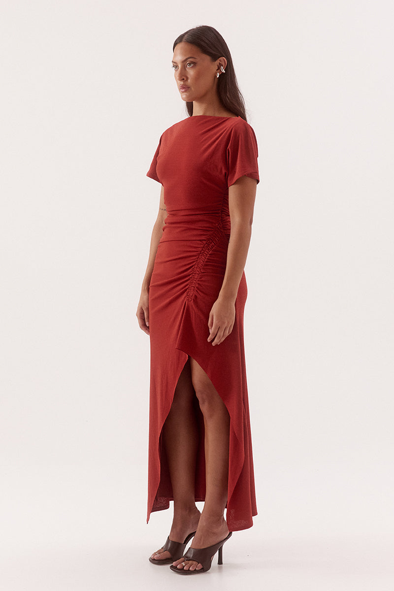 Women's textured stretch mesh fitted midi dress with off-shoulder option, short sleeves, gathered waist, boat neckline and front split.