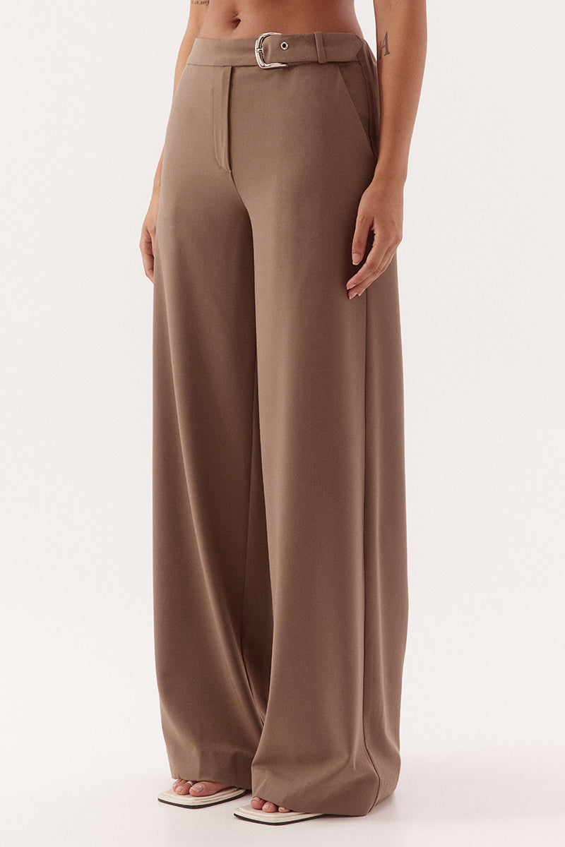 Women's mid-rise straight leg pants in a bamboo blend fabric with a relaxed fit, buckle waist detail, elasticated back waist, and functional pockets.