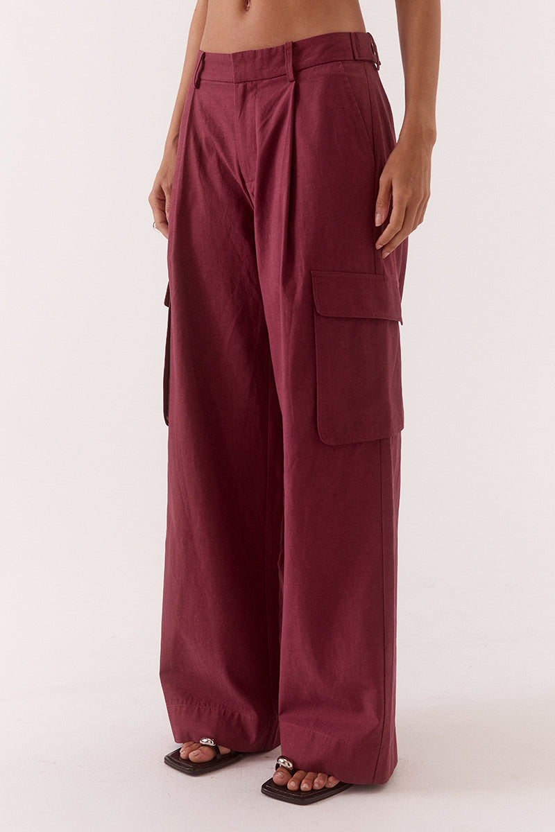 Women’s mid-rise cargo pants in lyocell cotton blend, relaxed fit straight leg with utility flap pockets, angled hip pockets and adjustable waist tabs