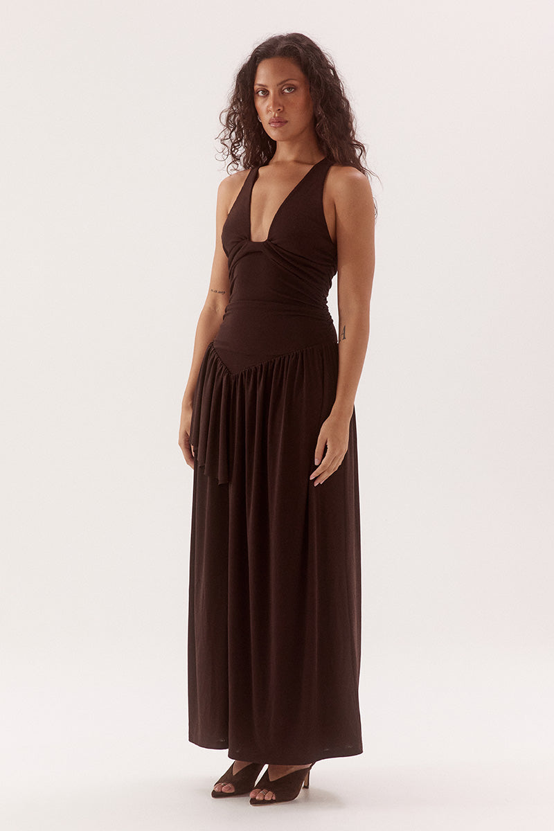 Dropped waist maxi dress in textured rib mesh with scoop neckline and one-sided frill overlay