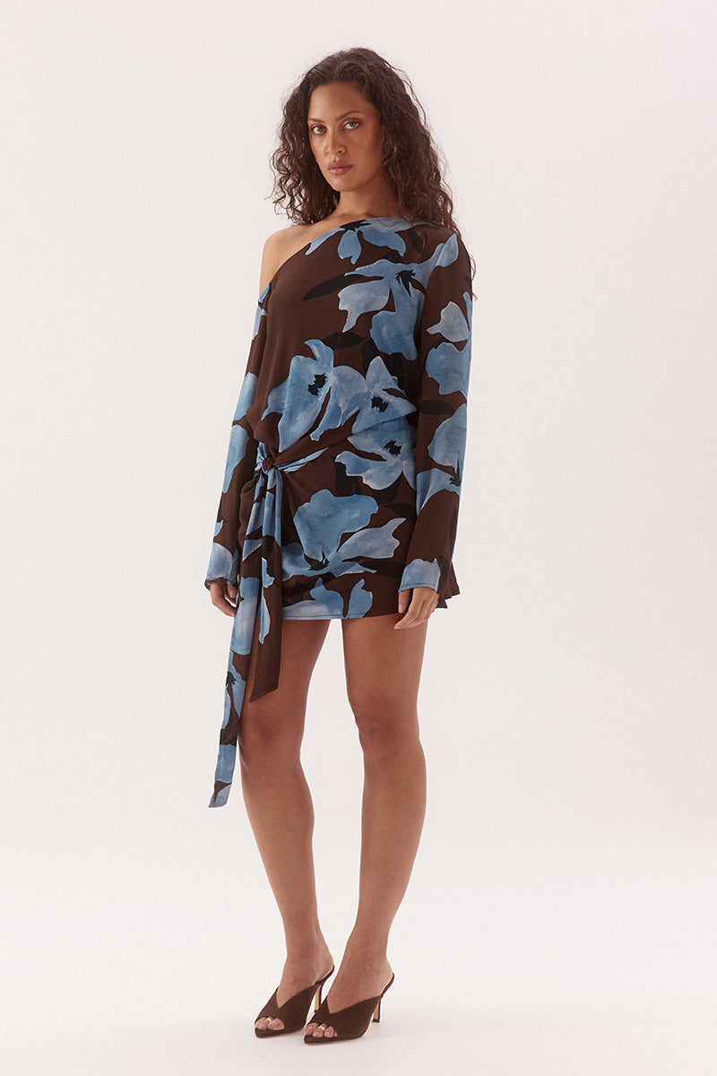Off-shoulder mini dress in woven viscose with exclusive in-house print, long sleeves and drop waist tie
