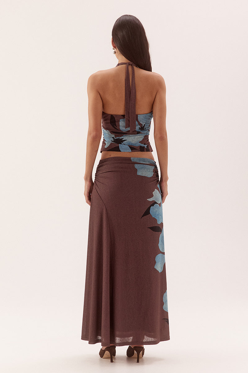 Halter neck top in stretch textured mesh with gathered bodice and V-neckline