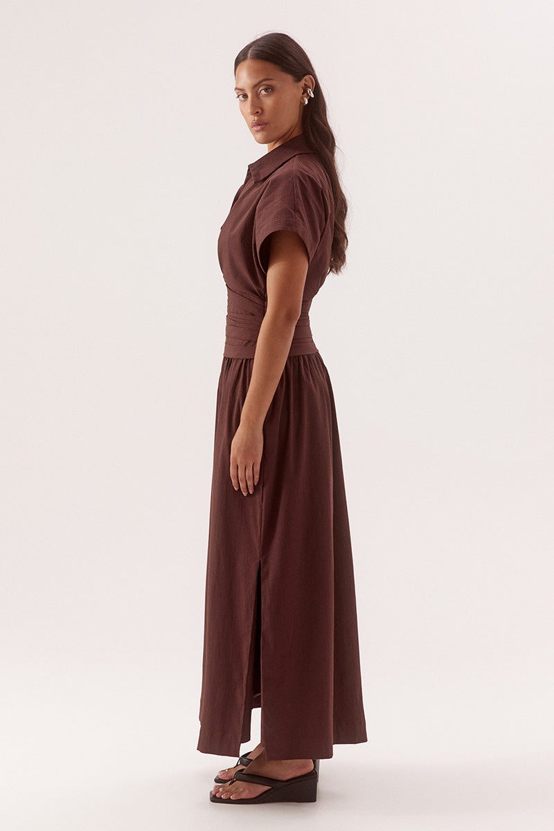Pleated midi dress in stretch cotton with two piece collar and side leg splits
