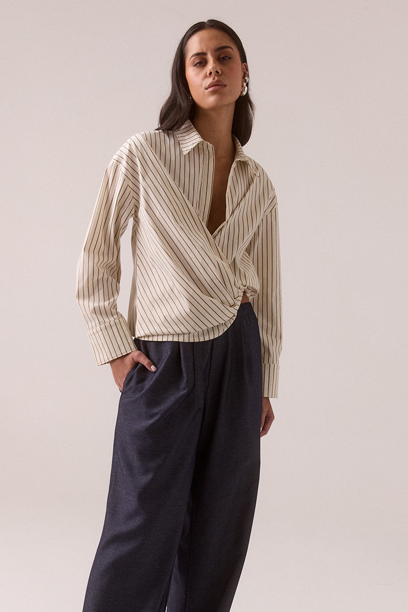 Cotton-blend striped wrap shirt with dropped shoulder and adjustable wide cuffs