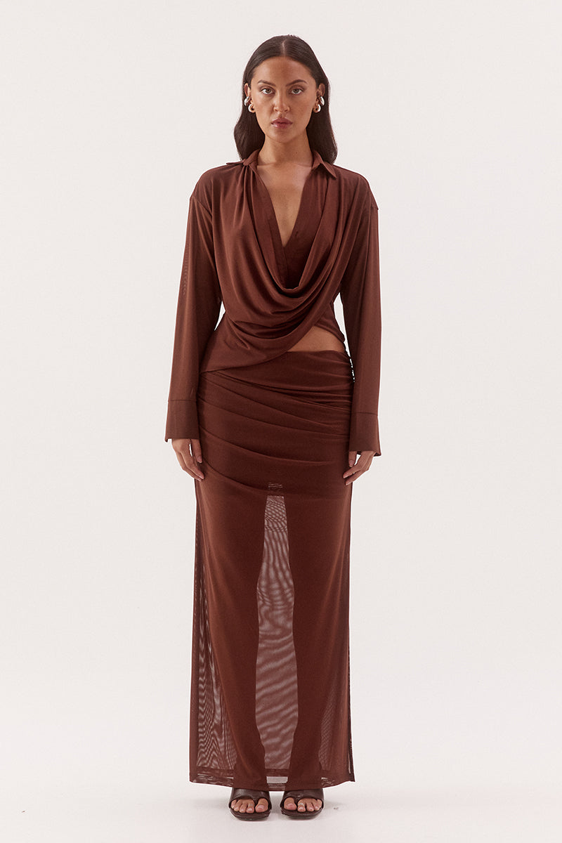 Women's stretch mesh maxi skirt with asymmetric draped overlay, elasticated waist, gathered hip detail, mini lining and side split.