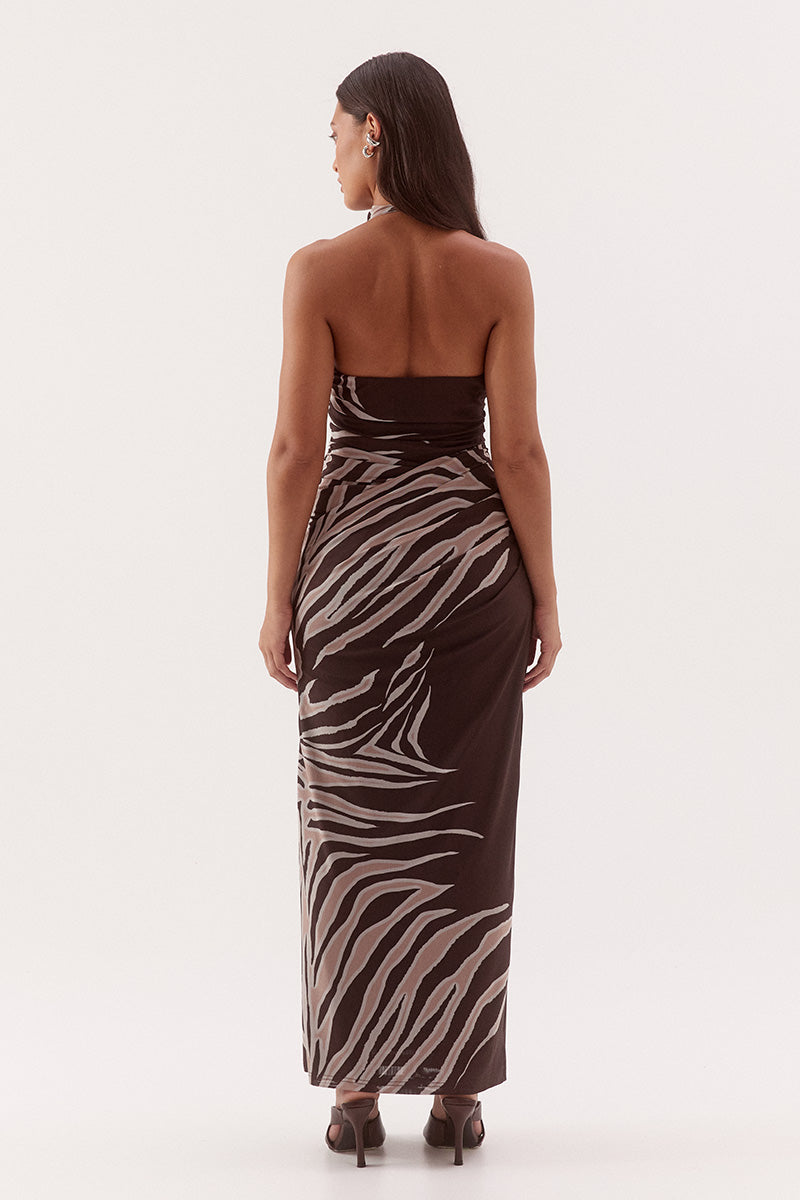 Women's fitted stretch mesh midi dress in exclusive print with a halter cowl neckline, gathered bodice, layered skirt, and side split detail.
