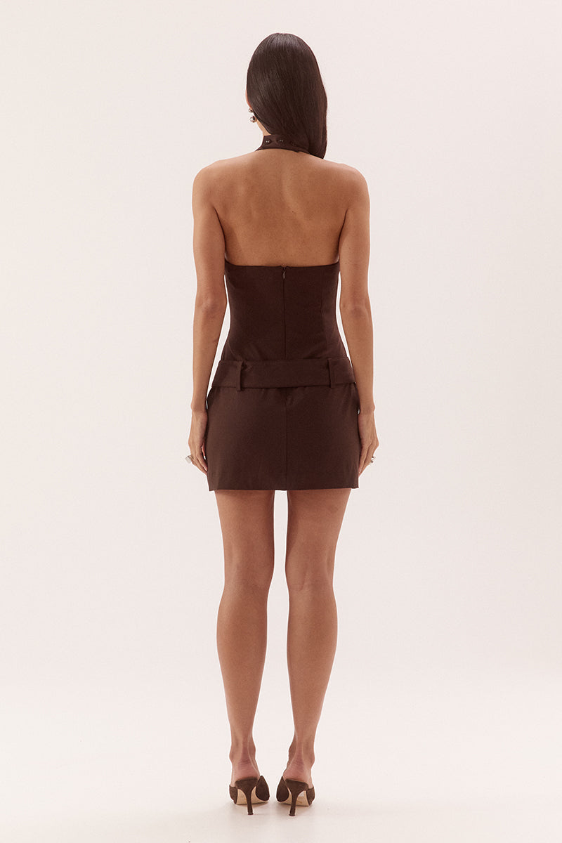 Halter mini dress in stretch woven rayon with plunge neckline and D-ring belt