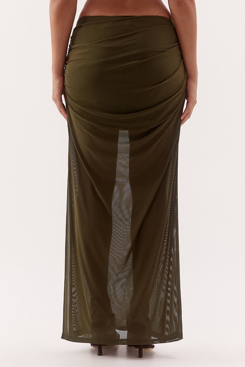 Women's stretch mesh maxi skirt with asymmetric draped overlay, elasticated waist, gathered hip detail, mini lining and side split.