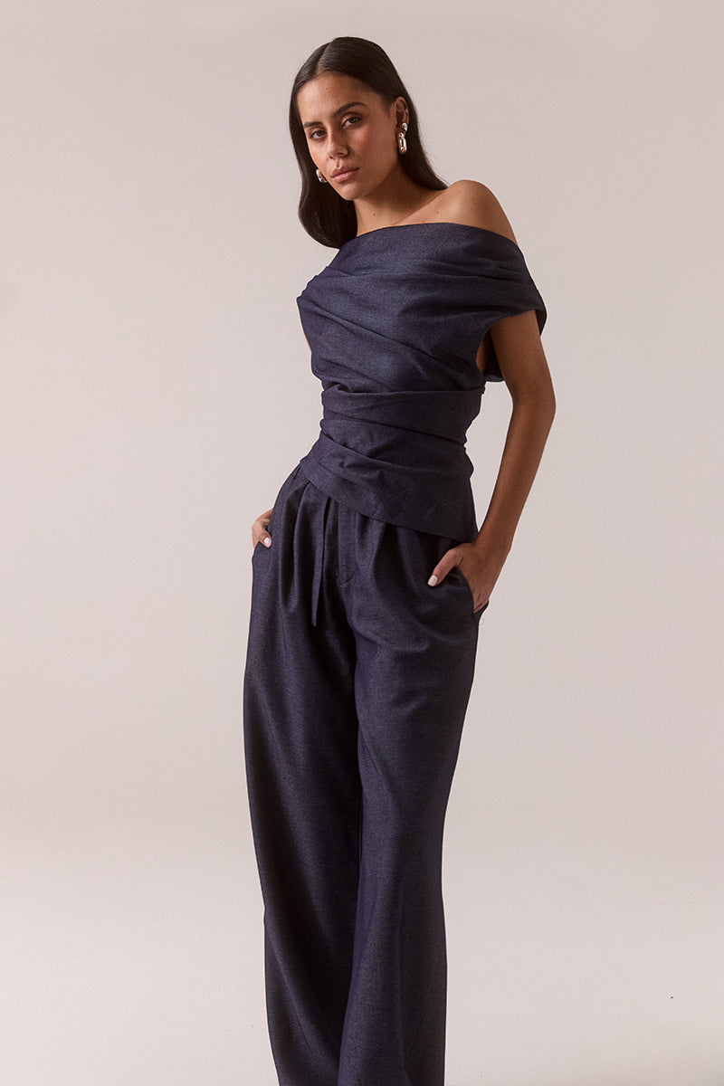 Fitted wide neck top with side tucks, shoulder detail and invisible side zipper