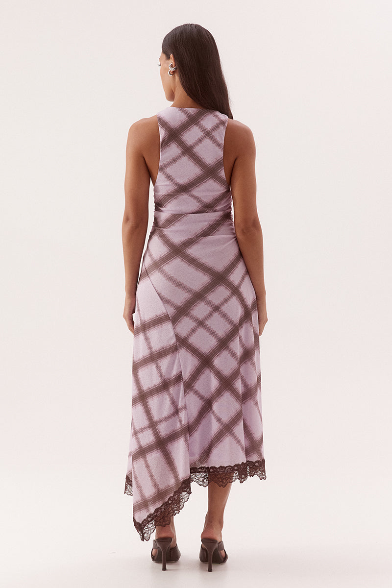 Women's exclusive print textured stretch mesh sleeveless midi dress with plunge neckline, empire waist, asymmetric hem and lace trim.