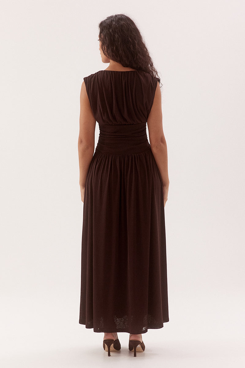 Empire line cami midi dress in stretch textured mesh with sweetheart neckline and gathered skirt
