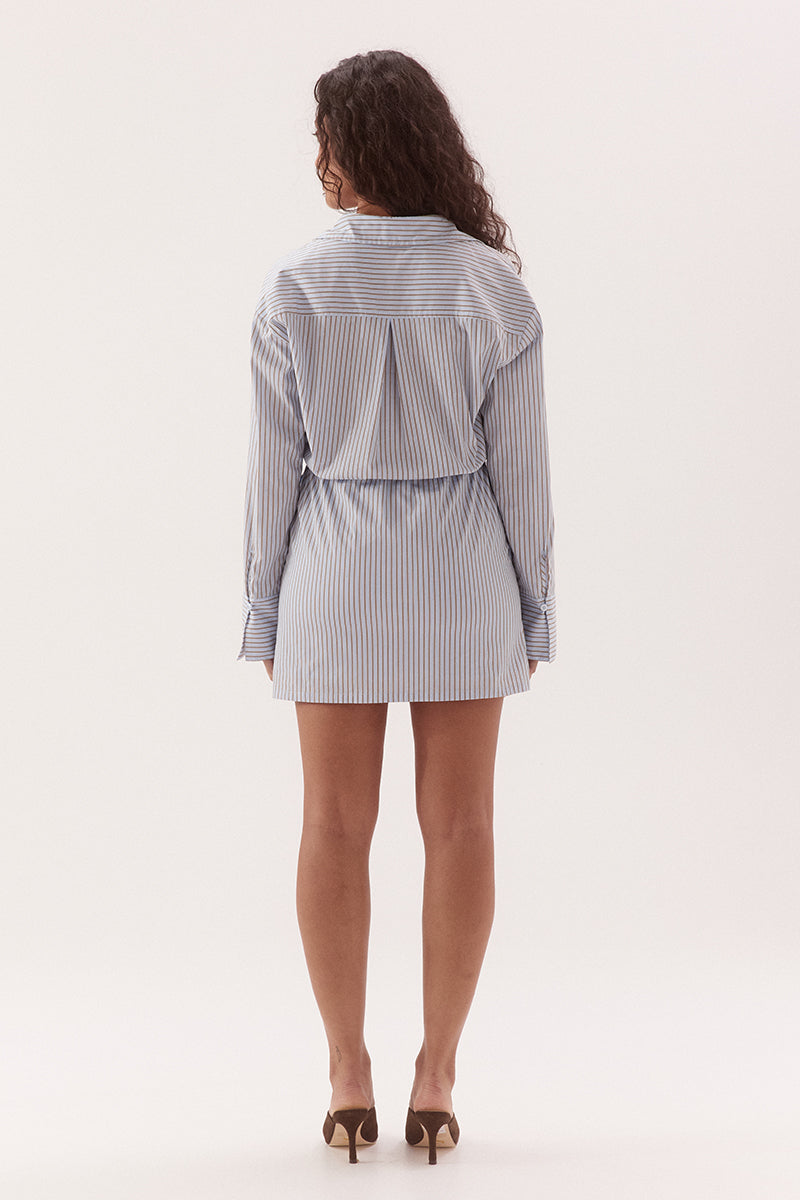 Fixed wrap shirt mini dress in cotton blend stripe with dropped shoulder and wide cuffs